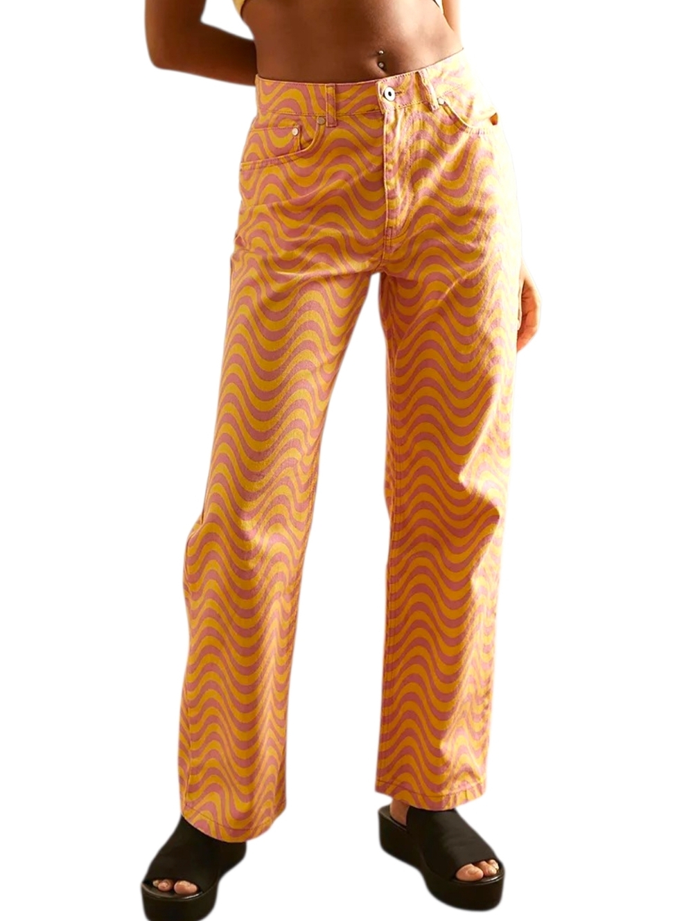 The Ragged Priest Wave Dad Jeans Pink Yellow Psychedelic Y2K High Rise 36 NWOT